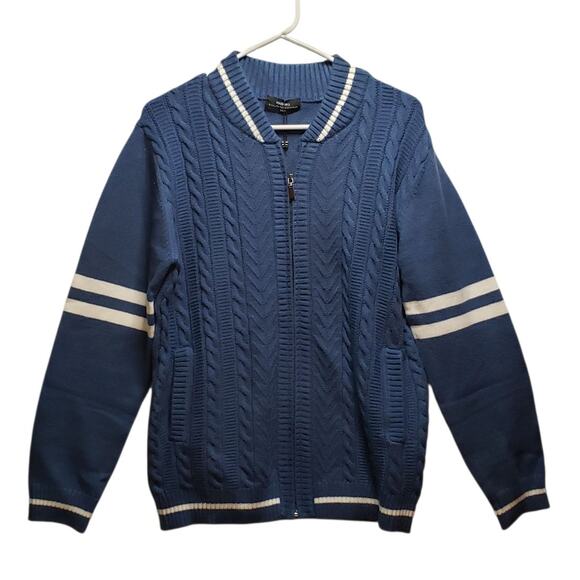Maison J. Full-Zip Cable Knit Cardigan Sweater Navy & White, Size M Sport Style - Picture 1 of 9